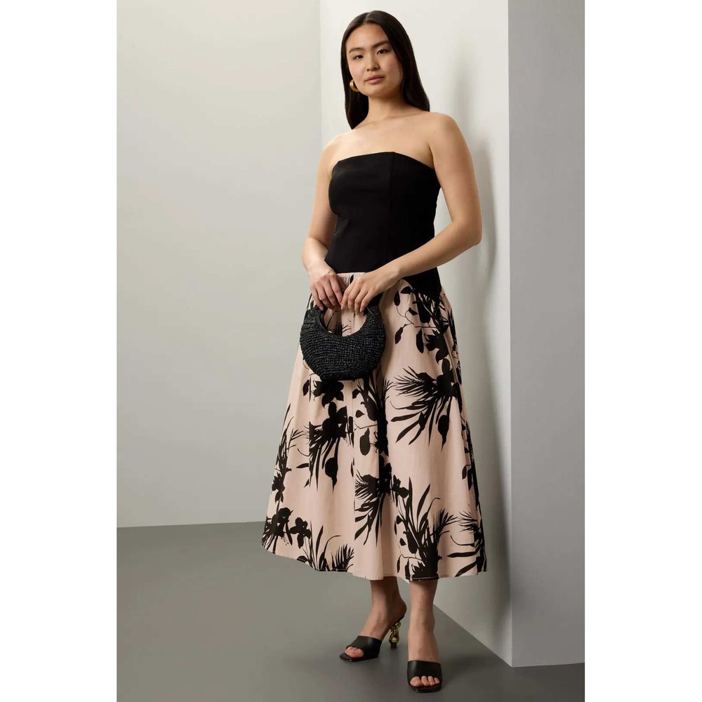 Love, Whit Strapless Drop Waist Dress Black Pink Floral Print Midi Sz XL